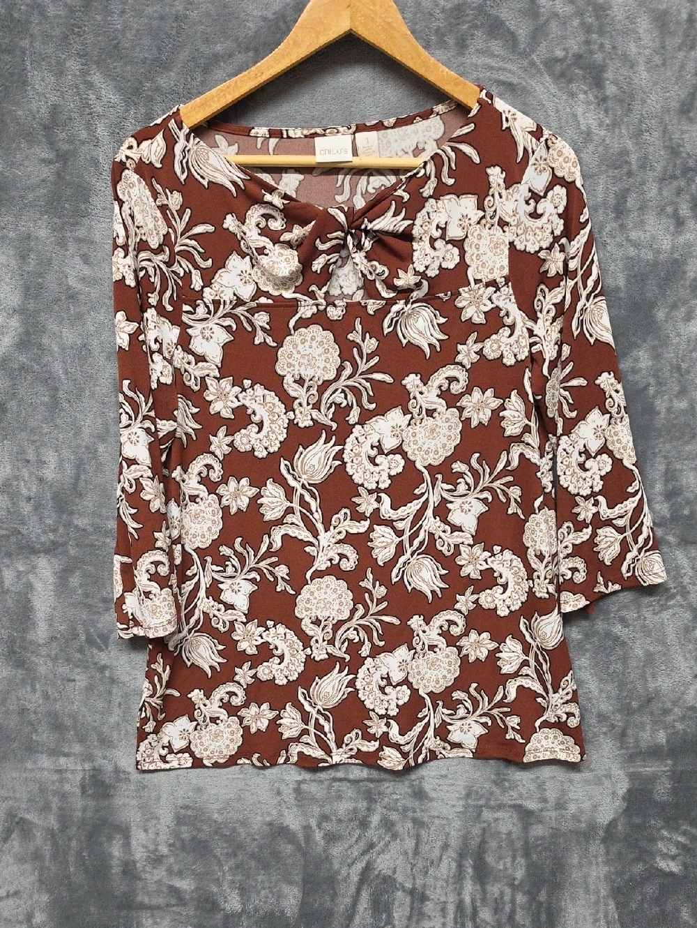 Chico's Brown and Cream Floral Tie-Neck Top